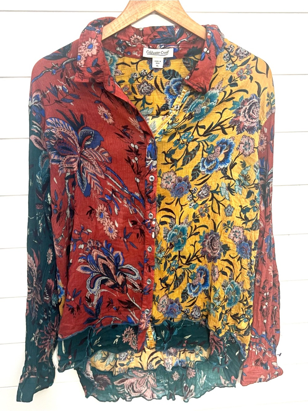 Coldwater Creek XL Mixed Print Floral Blouse Patchwork Ruffle Boho
